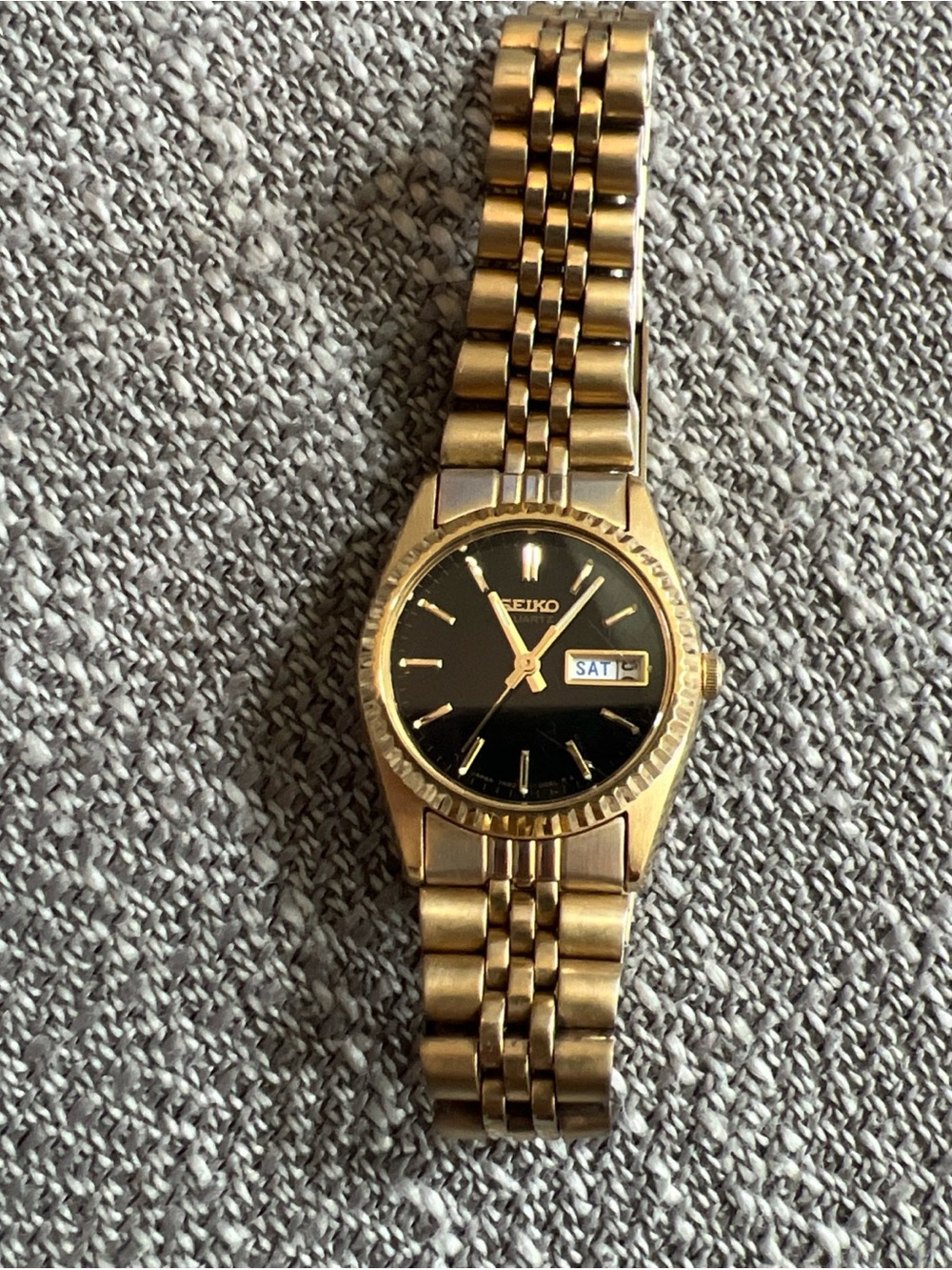 Seiko Watch Women 24mm Gold Tone Day Date Black Dial 7N83-0041